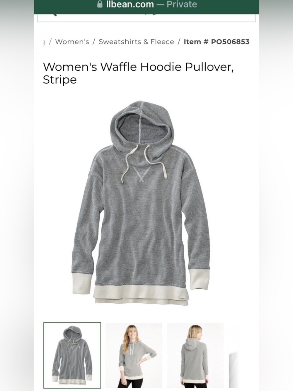 L.L. Bean Women's Waffle Hoodie Pullover Stripe in charcoal gray
